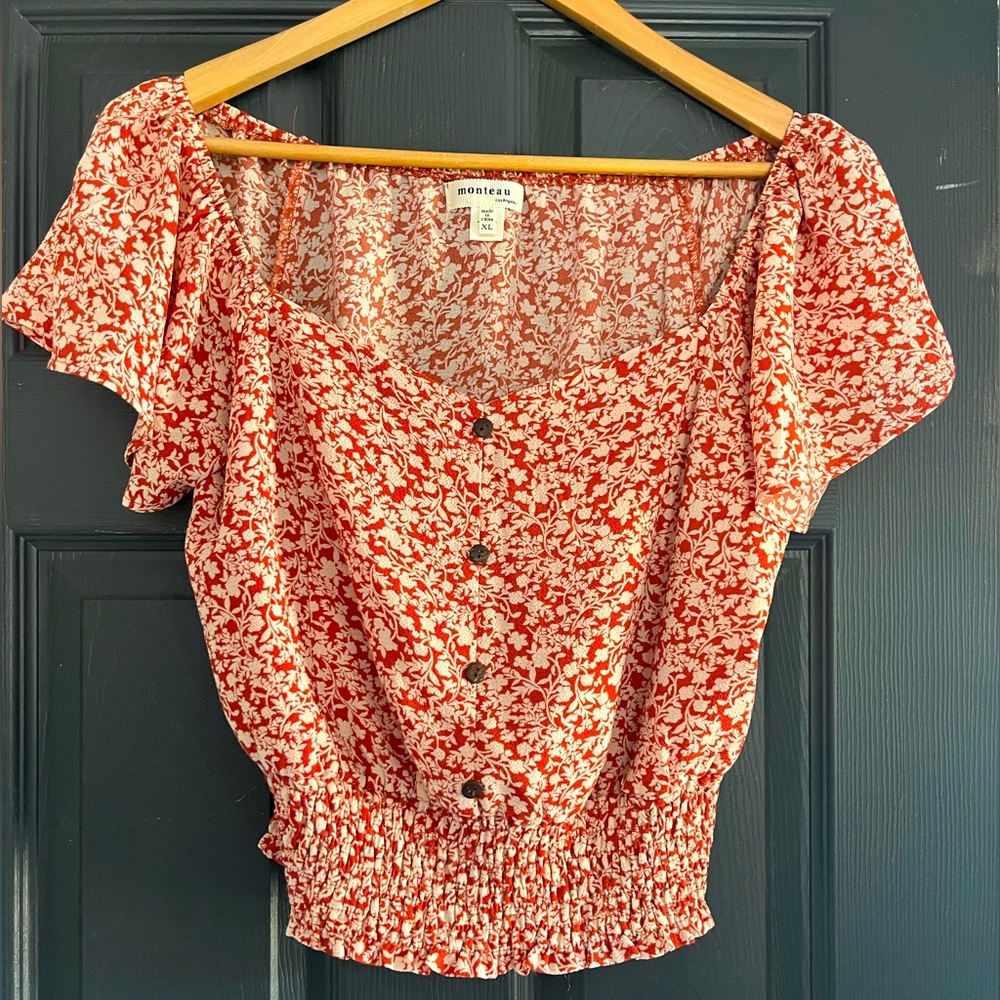 Monteau Burnt Sienna and White Floral Cropped Blouse